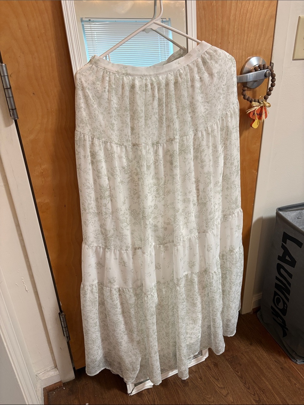 Altar'd State White Maxi Skirt with Pale Green Floral Print